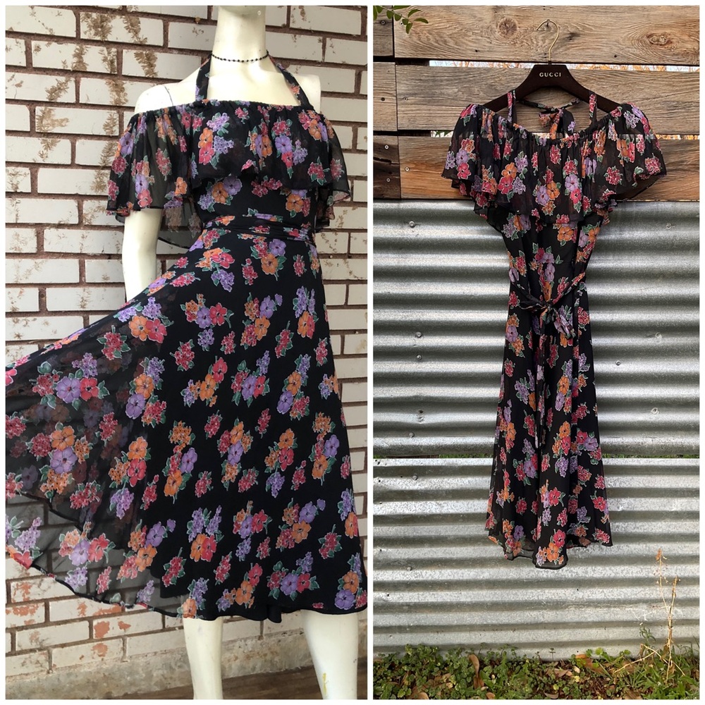 True vintage 70s Chiffon Floral Print Off Shoulder Dress size Small Belted